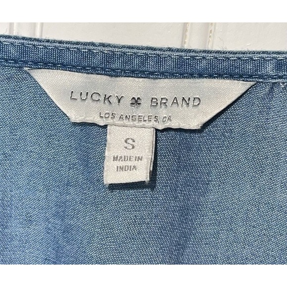 Lucky Brand Shift Dress Boho Blue Denim Lace Up V-Neck Short Sleeves Size S - Picture 4 of 4